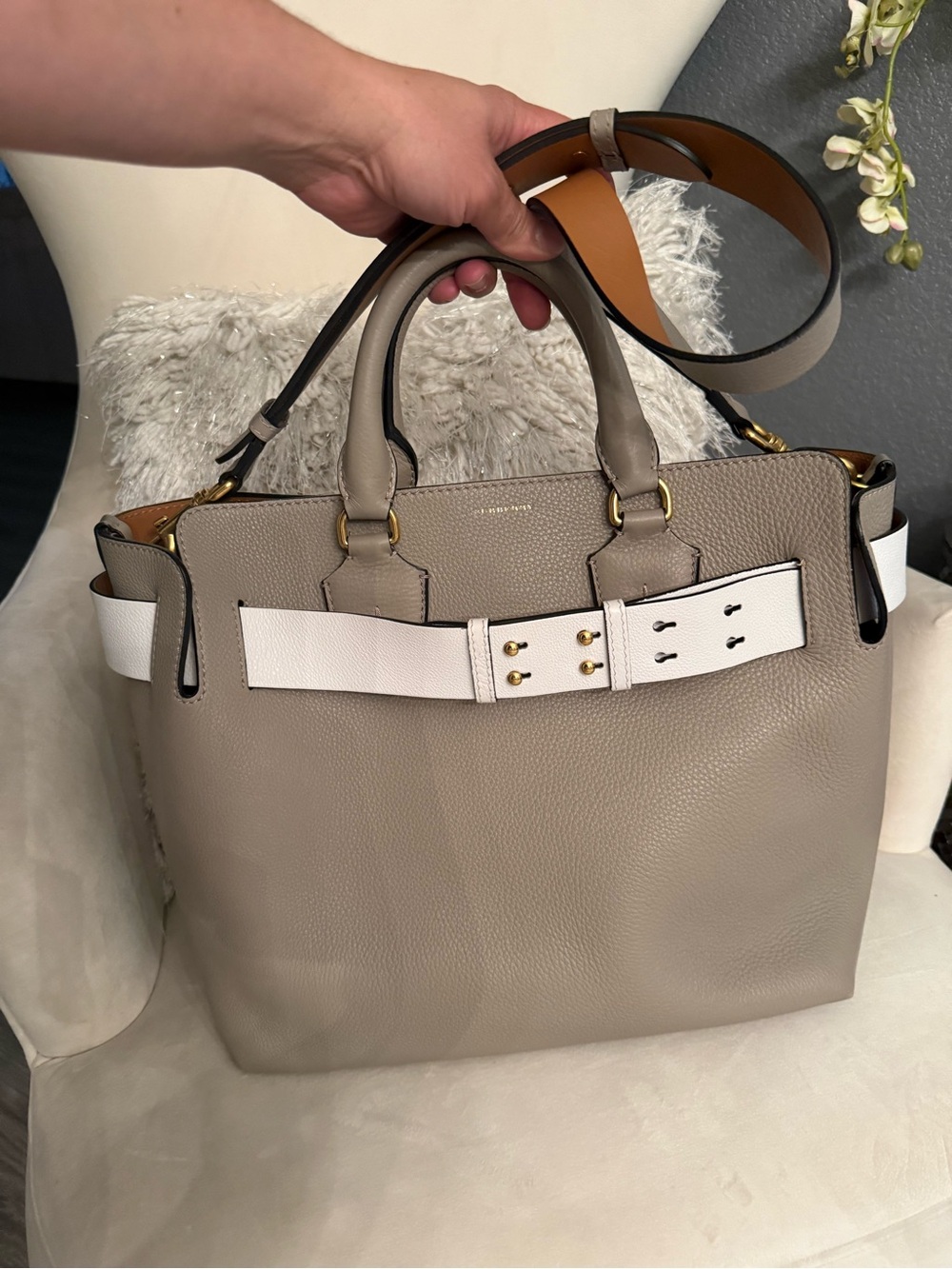 Burberry Taupe Leather Tote with White Belt Accent